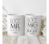 BGExpress Mr Right Mrs Always Right Mug - 10 Years of Being - Personalised Mug Set of Two Adorable Coffee Tea Mugs, Wedding or Anniversary Celebration Gifts