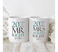 BGExpress Mr Right Mrs Always Right Mug - 20 Years of Being - Personalised Mug Set of Two Adorable Coffee Tea Mugs, Wedding or Anniversary Celebration Gifts