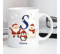 BGExpress Personalised Christmas Mug Set - Festive Xmas Party Mugs for Tea & Coffee - 11oz Custom Name Holiday Cups for Home & Office - Winter Ceramic Tableware Gift Set (Initial Name Christmas)