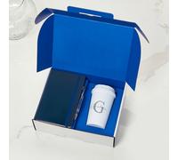 BGExpress Personalised Corporate Gift Set Box - Custom Notebook Pen & White Take Away Cup - Premium Business Gifts for Clients, Employees Partners Employees Colleagues (Blue)