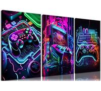 BGFCE 3pcs Game Room Decor Neon Gaming Wall Art Posters Gamer Accessories Theme Canvas Print Game Console Painting Picture for Children Youth Game Boys Bedroom Teen Wall Decor Framed 12"x16"x3