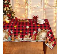 BGFUO Christmas Tablecloth 137x183cm (54"x72") Rectangular the Nativity of Jesus Buffalo Plaid Christmas Holiday Decor, Wipe Clean Cloth Table Cover for Party Dining