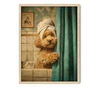 BGFUO Funny Dog Peeking from Shower Curtain Wall Art - Vintage Bathroom Canvas Print of Cute Poodle Puppy, Unframed 12x16 Inch Poster for Dog Lovers, Bathroom, Laundry Room, Restroom Decor Ideas