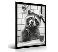 BGFUO Funny Raccoon Brushing Teeth Wall Art - Black and White Unframed Canvas Print, Vintage Bathroom Decor with Cute Animal Poster for Farmhouse, Kids Room, Laundry Room Decor 12x16 Inches