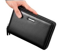 BGFYUSF Men Clutch Bag Long Wallet Men Leather Double Zipper Business Purse Black Brown Casual Male Handy Money Bag，B-One Size