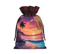 BGGJJ Beach Sunset Glow Christmas Drawstring Gift Bags, Burlap Xmas Party Candy Treat Sacks, Plaid Color Blocking