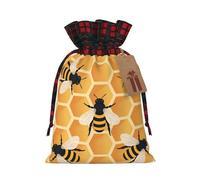 BGGJJ Bees On The Hive Christmas Drawstring Gift Bags, Burlap Xmas Party Candy Treat Sacks, Plaid Color Blocking