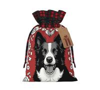 BGGJJ Border Collie Christmas Drawstring Gift Bags, Burlap Xmas Party Candy Treat Sacks, Plaid Color Blocking