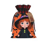 BGGJJ Cute Little Witch Christmas Drawstring Gift Bags, Burlap Xmas Party Candy Treat Sacks, Plaid Color Blocking
