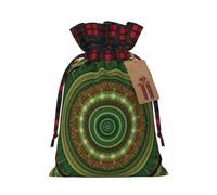 BGGJJ Green National Wind Christmas Drawstring Gift Bags, Burlap Xmas Party Candy Treat Sacks, Plaid Color Blocking