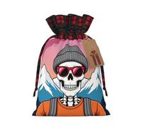 BGGJJ Ski Skull Snow Mountain Christmas Drawstring Gift Bags, Burlap Xmas Party Candy Treat Sacks, Plaid Color Blocking