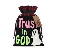 BGGJJ Trust In God Art Words Christmas Drawstring Gift Bags, Burlap Xmas Party Candy Treat Sacks, Plaid Color Blocking