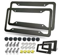 BGGTMO Matte Black Aluminum License Plate Frames- 2 Pack Heavy Duty Car Tag Cover for Front & Rear, 4 Hole Rust Proof Universal Holder, Stainless Steel Mount Screws Caps, Inserts, Rattle Proof Pads