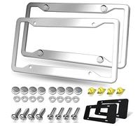 BGGTMO Stainless Steel License Plate Frames- 2 Pack Heavy Duty Polished Mirror Car Tag Cover with Chrome Screws Caps, 4 Holes Front & Rear Holders with Fasteners, Inserts, Rust/Rattle Proof Pads