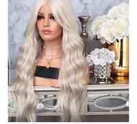 BGHJUE N Wig White Long Wave Synthetic Wig Blend 50% Human Hair Middle Parting Fashion Cosplay Party Work Wigs For Women Average Cap Size