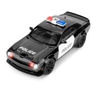 BGHSCA Compatible for Dodge Challenger SRT Hellcat Police Car Model, 1:22 Zinc Alloy Toy Car with Sound and Light, Pull Back Police Vehicle Toy with Racing Stripes for Adult Kids
