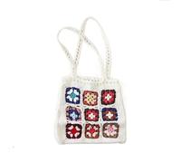BGHYJKOL Knitted Flower Bag Handmade Crochet Weaving Bag Summer Retro Grid Shoulder Mixed Color Flower Block Handbag Leisure Top-Handle(White)