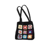 BGHYJKOL Knitted Flower Bag Handmade Crochet Weaving Bag Summer Retro Grid Shoulder Mixed Color Flower Block Handbag Leisure Top-Handle(Black)