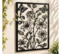 BGJJGT Metal Wall Art Decor, Rust-Proof Floral Wall Sculptures with Hollow-Out Design, Modern Flower Butterfly Decorations for Garden Fence, Living Room, Bedroom Patio, 38x24cm (Black (Cutout))