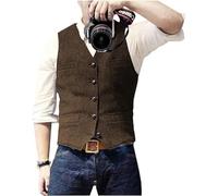 Bglddue Men's Suit Vests Wool Tweed Vest V Neck Slim Fit Waistcoat Formal Business Retro for Wedding, Coffee, Large