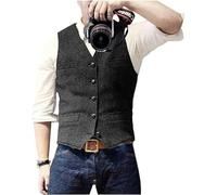 Bglddue Men's Suit Vests Wool Tweed Vest V Neck Slim Fit Waistcoat Formal Business Retro for Wedding, Black, 5XL