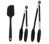 BGLINKAL 12 Inch & 9 Inch Kitchen Tongs for Cooking, Non Stick BPA Free Silicone Tip Stainless Steel BBQ Cooking Grilling Locking Food Tongs Plus Bonus Silicone Spatula (Black)