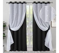 BGment Black Blackout Curtains with Sheer Overlay, 95 Inch Curtains Grommet Double Layer Thermal Insulated Silver Printed Tulle Window Curtains for Bedroom, 2 Panels 52 x 95 Inch