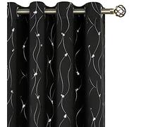 BGment Blackout curtains for Bedroom 2 Panels with Silver Wave Line and Dots Pattern, Thermal Insulated Room Darkening Eyelet Curtains, Black, 46 x 54 Inches