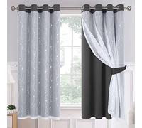 BGment Grey and White Blackout Curtains 63 Inch, Double Layer Bedroom Curtains with Sheer Overlay Silver Printed Tulle Grommet Window Panelsfor Living Room, 2 Panel Sets, 52 x 63 Inch, Dark Grey