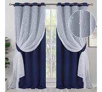 BGment Mix and Match Sheer Tulle Overlay Blackout Curtains, Grommet Room Darkening Thermal Curtains with Wave Line and Dots Printed Sheer Drapes for Living Room, 52" W x 84" L, 2 Panels, Navy Blue