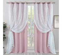 BGment Pink Room Darkening Curtains 84 Inch Length 2 Panel with Sheer Overlay for Girl Nursery, Silver Printed Double Layer Thermal Insulated Mix and Match Curtains for Bedroom, 52 x 84 Inch