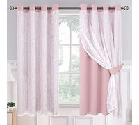 BGment Pink Room Darkening Window Curtains with Sheer Overlay for Bedroom, Mix and Match Double Layer Grommet Silver Printed Thermal Insulated Tulle Curtains for Girl Nursery, 2 Panels 52 x 63 Inch
