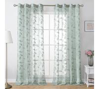 BGment Sage Green Embroidered Leaf Sheer Curtains 90 Inch Length - Light Filtering Pattern Floral Grommet Semi Sheer Voile Window Curtains for Living Room/Bedroom Spring Decor, 2 Panels, 52 Inch Wide