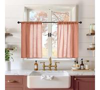 BGment Short Terracotta Linen Curtains 30 Inch Length for Kitchen Window, Semi Sheer Fall Drapes for Cafe Over Sink Half Decor Rustic Textured Rod Pocket Lightweight, 2 Panels, Each 30 Inch Wide