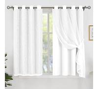 BGment White Blackout Curtains with Sheer Overlay, Silver Printed Tulle Double Layer Grommet Thermal Insulated Window Curtains for Bedroom/Living Room, 2 Panels Each 52 x 63 Inch, Pure White