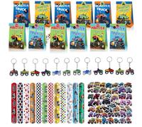 BGNXHYB Pack of 86 Monster Truck Birthday Party Bags, Racing Car Birthday Decoration, 12 Slap Bracelets, 50 Stickers, 12 Key Chains, 12 Gift Bags, for Boys Girls Monster Truck Party Gifts
