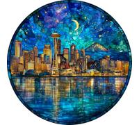 Bgraamiens 1000 Piece Jigsaw Puzzles for Adults - Seattle Skyline at Night - Stained Glass Style Cityscape with Moonlit Reflection - Artistic Urban Gift Challenge
