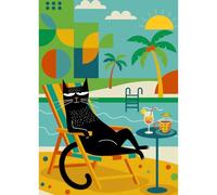Bgraamiens Cat's Day Off Jigsaw Puzzles for Adults 1000 Pieces,Funny Black Cat Relaxing on Beach Chair with Tropical Drink, Includes Poster, Whimsical Fun Unique Challenging Cat Puzzle for Adults