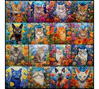 Bgraamiens Cats Mosaic Art Puzzle - 1000 Pieces, Stained Glass Art with Cats and Flowers, Color Challenge for Adults