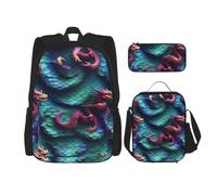 BGSHJVF 3D Magic Dragon Scales Pattern Print Travel Backpack Set,Elegant 600d Oxford Cloth,Insulated Lunch Bag and Makeup Bag,Black,One Size, blackone, One Size