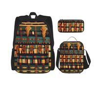 BGSHJVF African Classic Woven Print Travel Backpack Set, Stylish 600d Oxford Cloth, Insulated Lunch Bag and Makeup Bag, Black, One Size, blackone, One Size