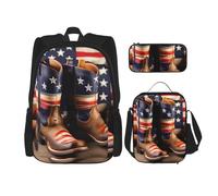 BGSHJVF American Flag with Cowboy Boots Print Travel Backpack Set, Stylish 600d Oxford Cloth, Insulated Lunch Bag and Makeup Bag, Black, One Size, blackone, One Size