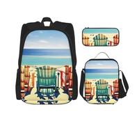 BGSHJVF Beach Scene with Chairs Print Travel Backpack Set,Elegant 600d Oxford Cloth Insulated Lunch Bag and Makeup Bag,Black,One Size, blackone, One Size