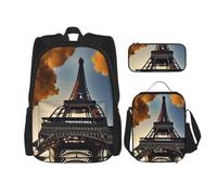 BGSHJVF Beautiful Eiffel Tower Paris Print Travel Backpack Set, Elegant 600d Oxford Cloth, Insulated Lunch Bag and Makeup Bag,Black,One Size, blackone, One Size