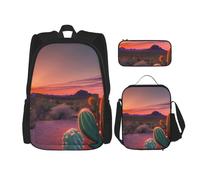 BGSHJVF Cactus Desert Sunset Print Travel Backpack Set,Stylish 600d Oxford Fabric,Insulated Lunch Bag,And Cosmetic Pouch, Black, One Size