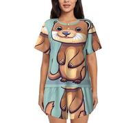 BGSHJVF Cartoon Cute Otters Print Women'S Short Sleeve Pajama Set,Stylish And Comfortable,For Lounging And Relaxing, Black, 3XL