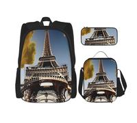 BGSHJVF Cityscape Paris Eiffel Tower France Print Travel Backpack Set, Stylish 600d Oxford Cloth, Insulated Lunch Bag and Makeup Bag, Black, One Size, blackone, One Size