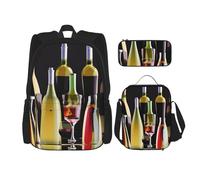 BGSHJVF Cocktail Glasses and Wine Bottles Print Travel Backpack Set, Stylish 600d Oxford Cloth, Insulated Lunch Bag and Makeup Bag, Black, One Size, blackone, One Size