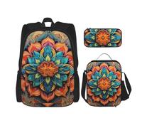 BGSHJVF Medallion Multi-Print Travel Backpack Set, Stylish 600d Oxford Cloth, Insulated Lunch Bag and Makeup Bag, Black, One Size, blackone, One Size