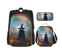 BGSHJVF Rainbow Halloween Ghost Witch Witch Hat Spiders Print Travel Backpack Set, Elegant 600D Oxford Cloth, Insulated Lunch Bag and Cosmetic Bag, Black, One Size, blackone, One Size